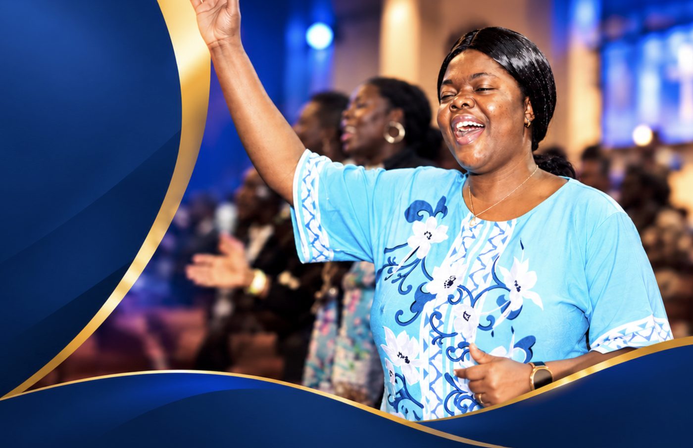 A woman worshipping with raised hand at Faith Klinik Ministries