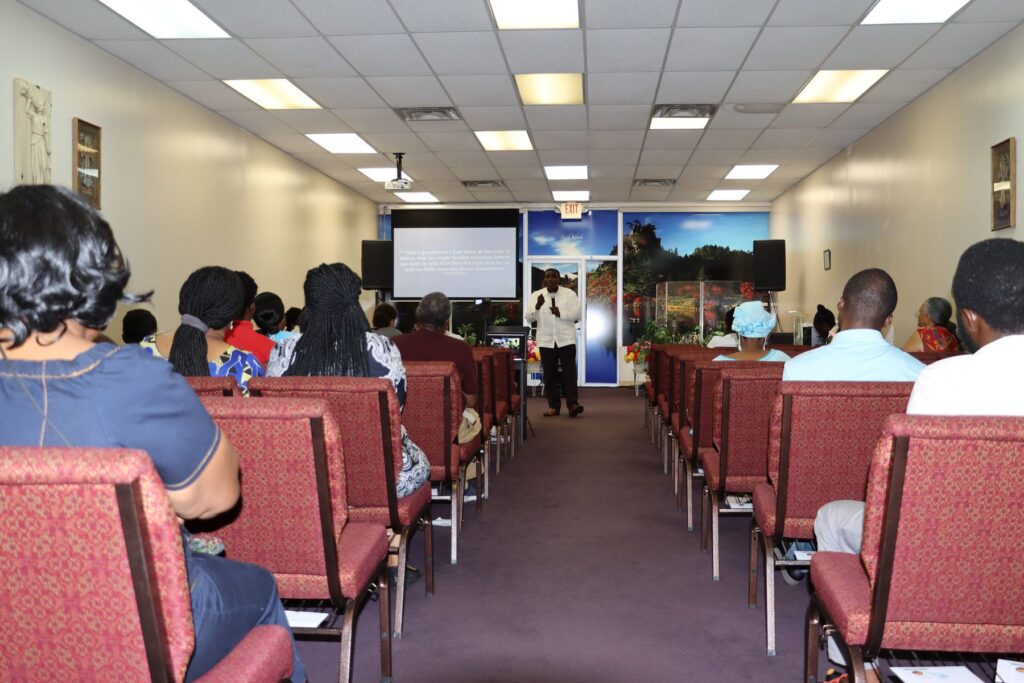 The congregation seated in the Faith Klinik Ministries sanctuary in Columbus, Ohio