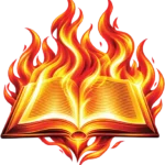 An open Bible in flames, The Word on Fire