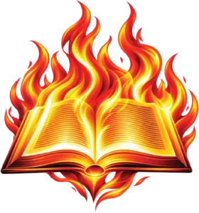 An open Bible in flames, The Word on Fire