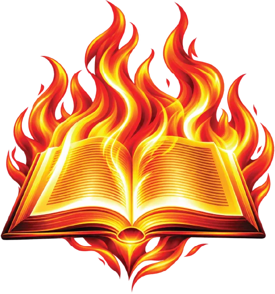 An open Bible in flames, The Word on Fire